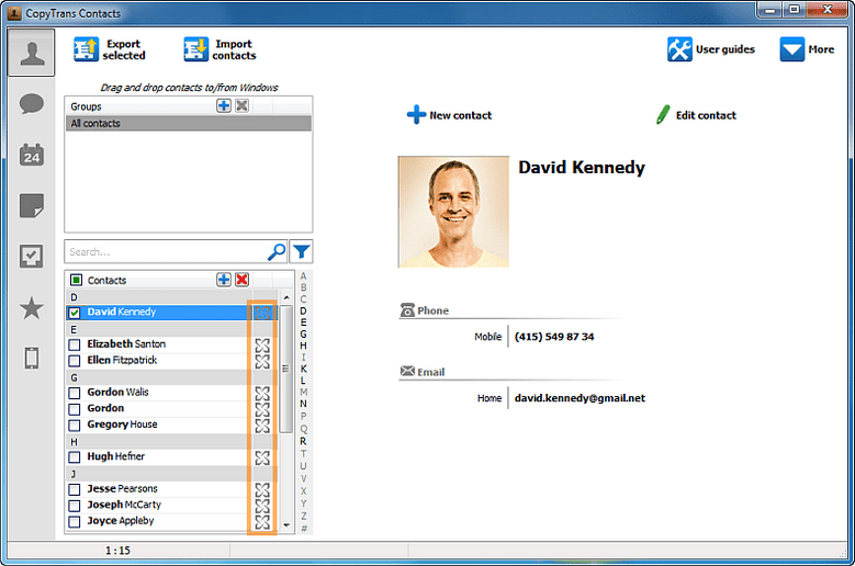 Main CopyTrans Contacts window with Exchange contacts in view