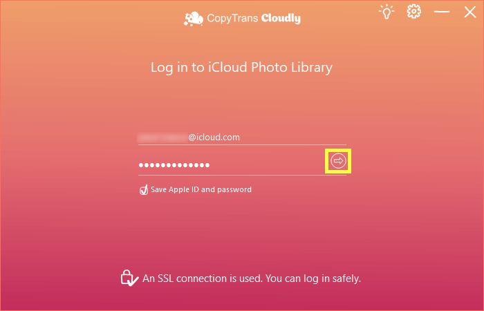 iCloud login in CopyTrans Cloudly