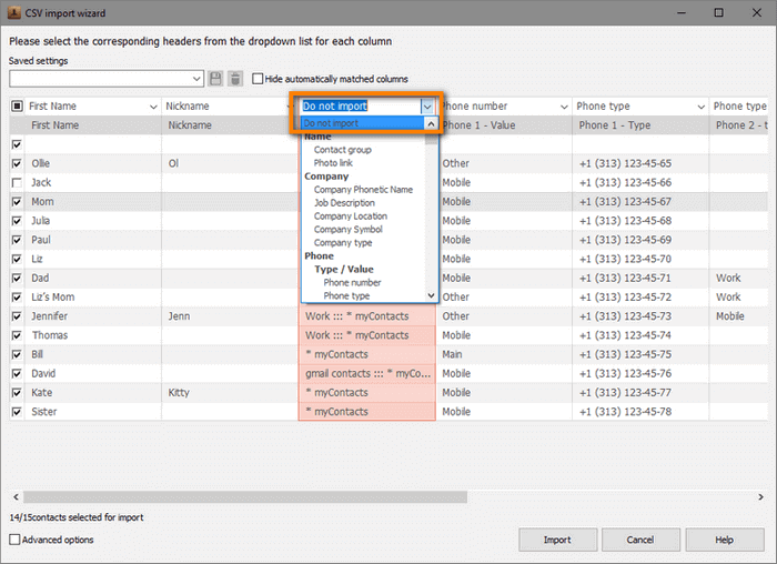 Select the options that won't be imported