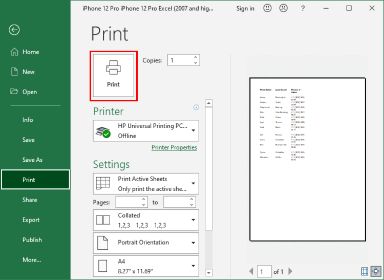 Excel Print button