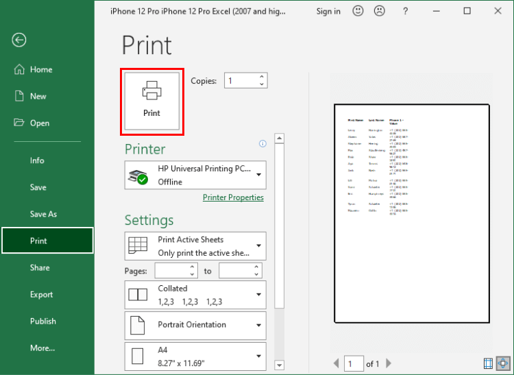 How to print contacts from iPhone