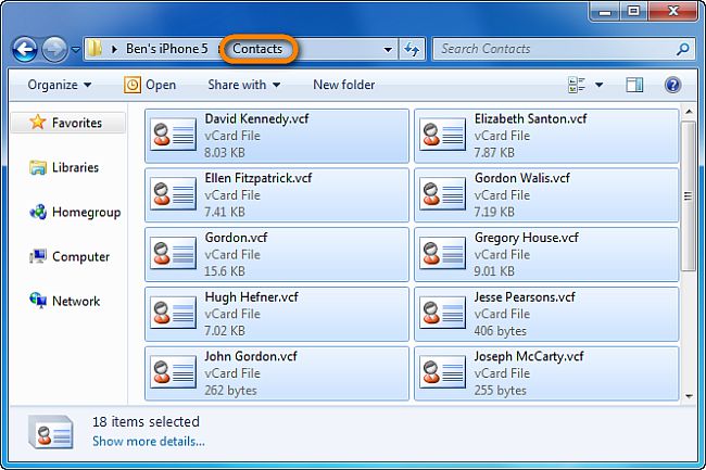 iphone contacts as vcards on pc