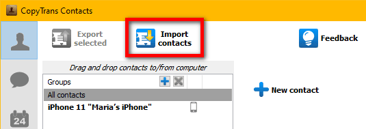 Import selected button in CopyTrans Contacts