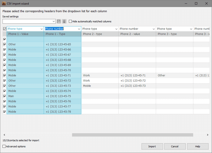 Matched columns in CopyTrans Contacts import wizard