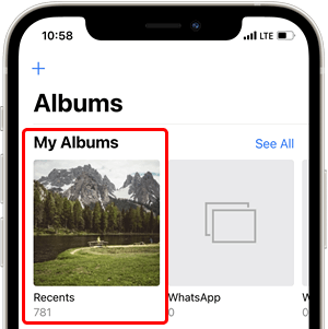 Recents album in the iPhone Photos app