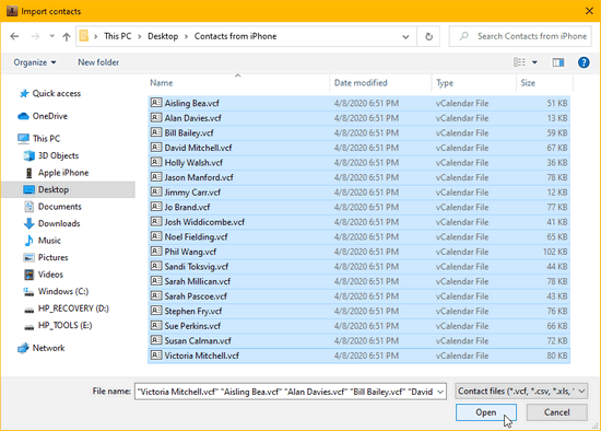 Select files for iPhone contact transfer with CopyTrans Contacts