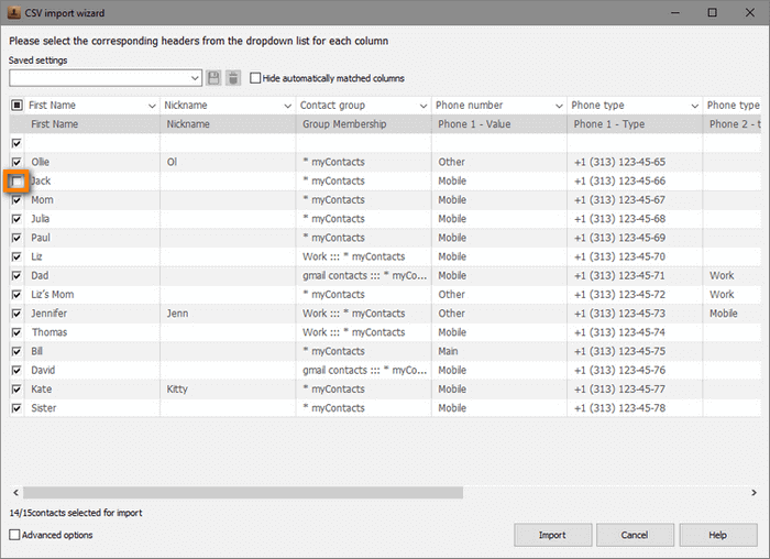 Uncheck the checkbox to impor selected contacts