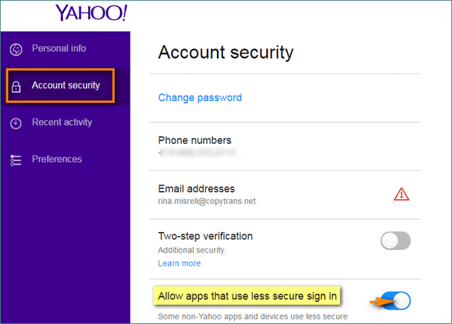 Allow apps that use less secure sign in