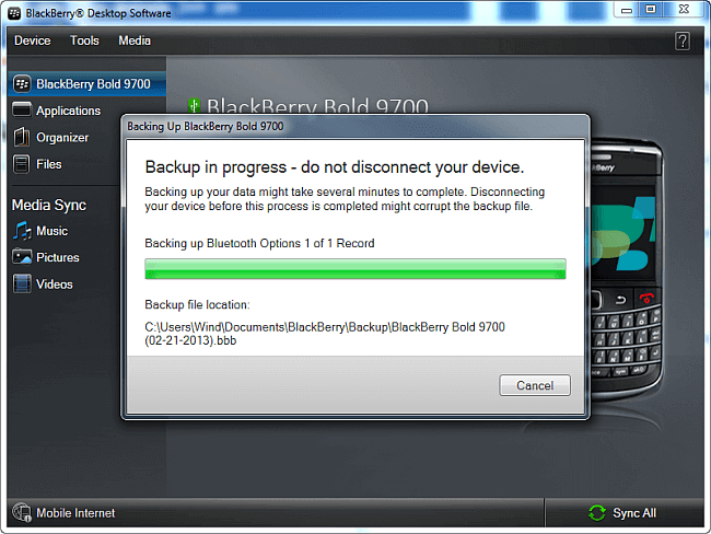 blackberry backup in progress