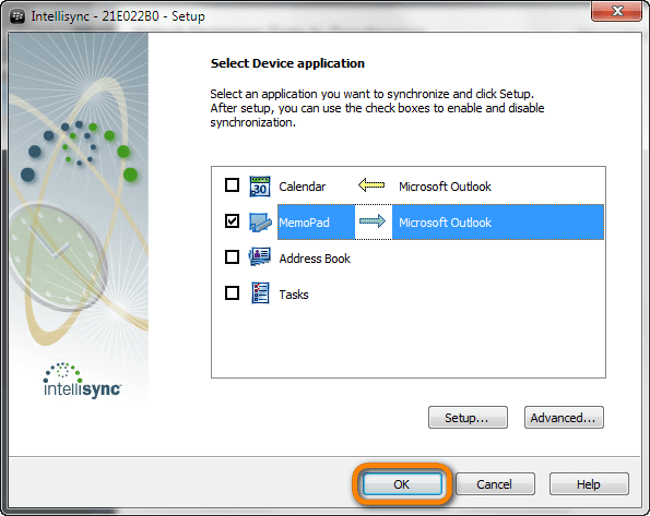 confirm sync settings and complete the intellisync wizard