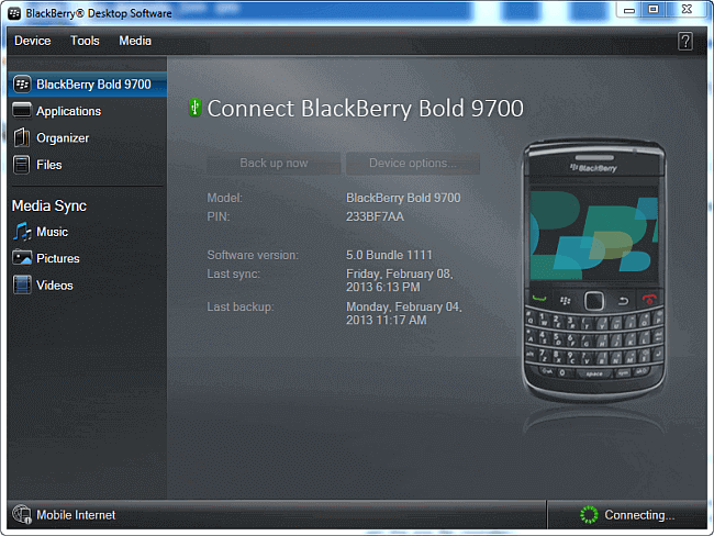 blackberry desktop software main program window