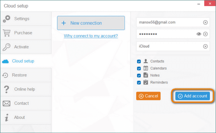 Add a new cloud account to CopyTrans Contacts