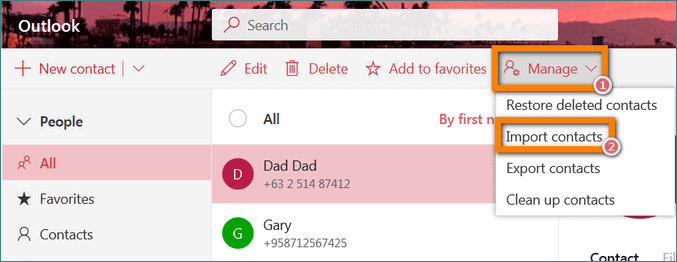 click on a tab Manage and select Import contacts