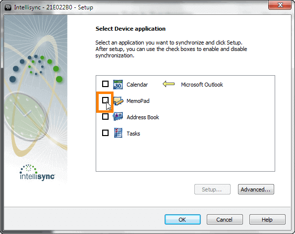 select memopad from intellisync wizard