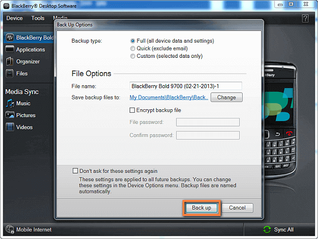 Select backup type of Balackberry