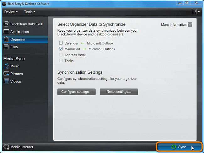 sync button in blackberry desktop
