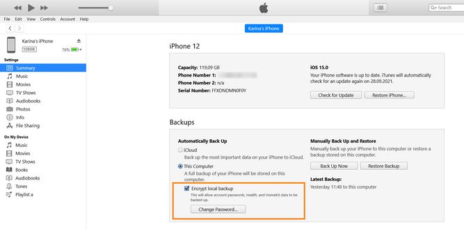 Encrypt iPhone backup in iTunes