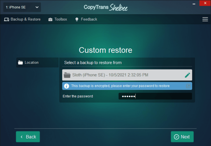 restore apps encryption password