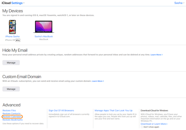 iCloud advanced settings calendars restore