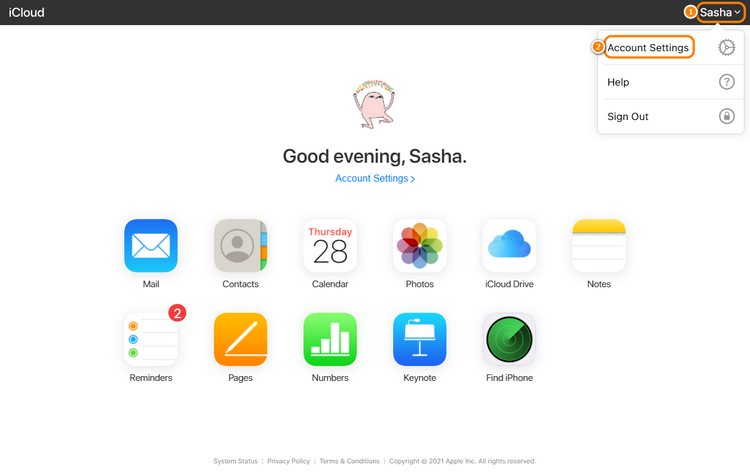 iCloud main menu drop-down menu