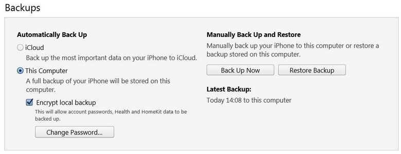 Check the backup settings in iTunes