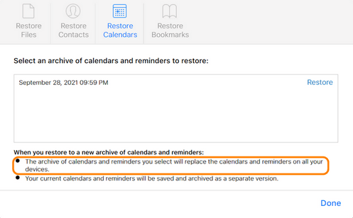 iCloud select an archive with calendars