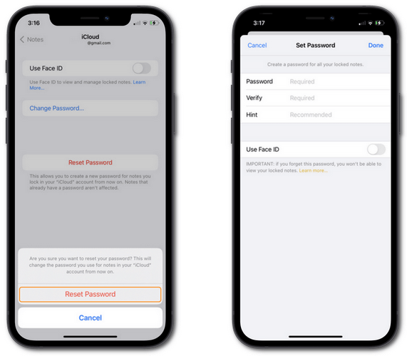 set new notes password on iphone