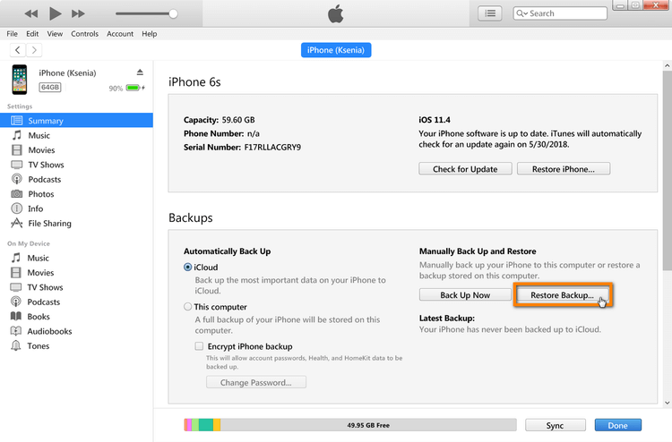 click on restore backup in itunes