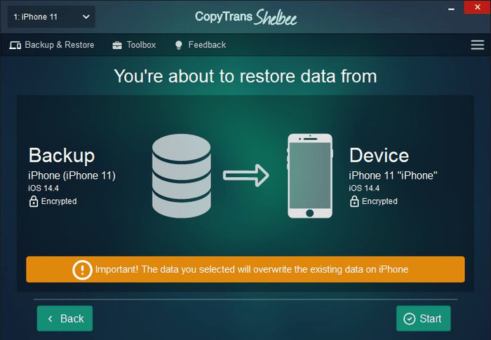 CopyTrans Shelbee backup before restore