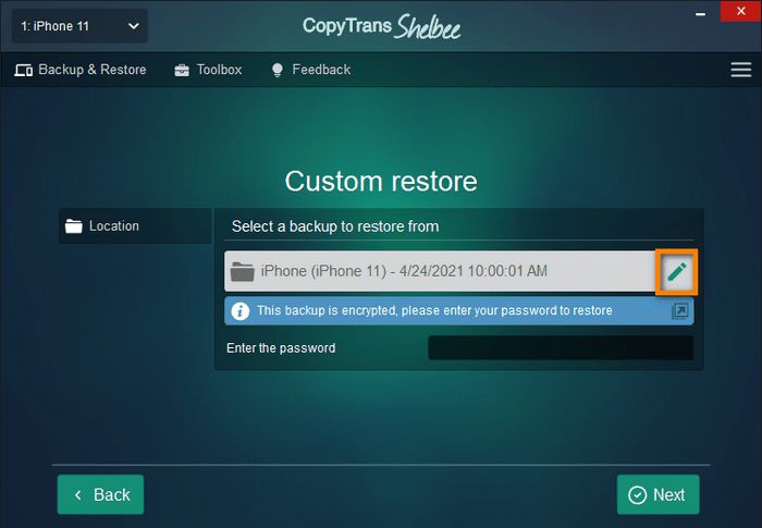 Restoring iPhone messages with CopyTrans Shelbee select the backup file