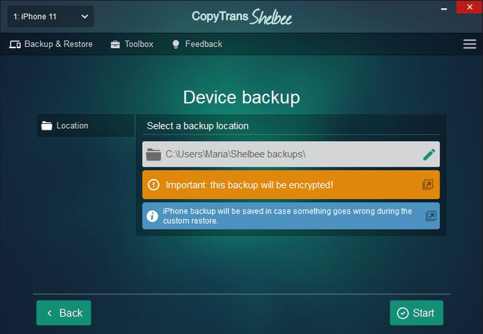CopyTrans Shelbee select directory to backup first