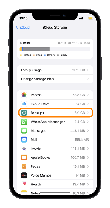 icloud choose backups in storage