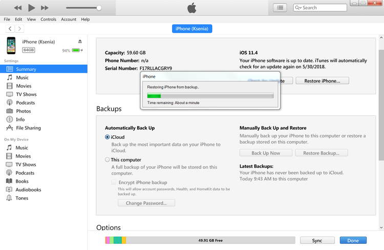 itunes restore imessages in progress