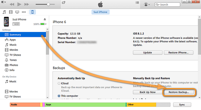 restore backup button in itunes