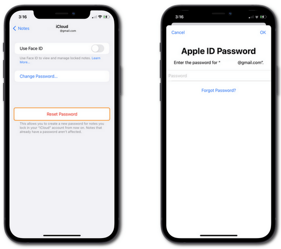 reset notes password on iphone