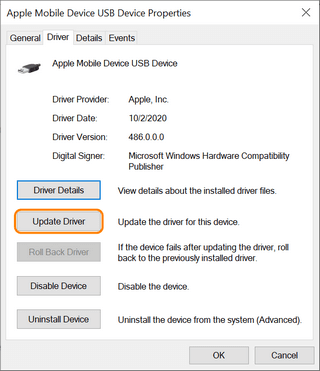 driver tab update or roll back driver ipod sync