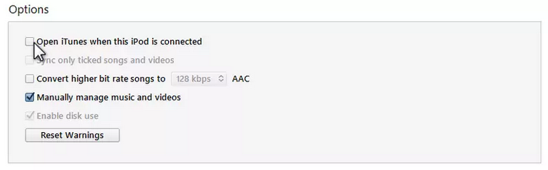 turn off auto sync in itunes