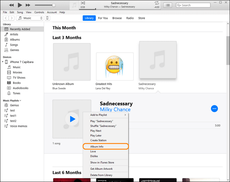 navigate to album info in iTunes