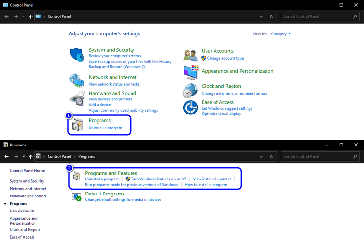 Programs and features in the Control Panel