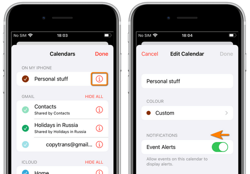 switch off iphone calendar notifications