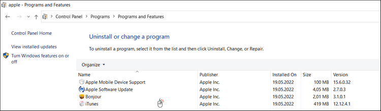 Uninstall Apple components from the PC