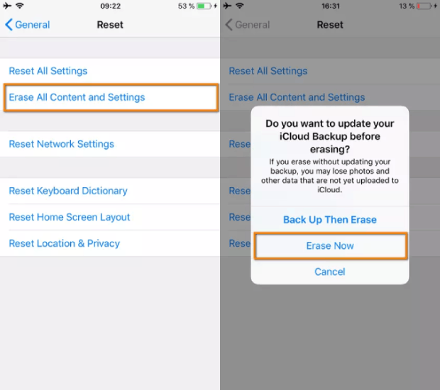 Select Erase All Content and Settings