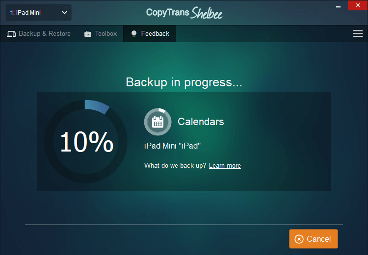 Backup iPad in prgoress with CopyTrans Shelbee