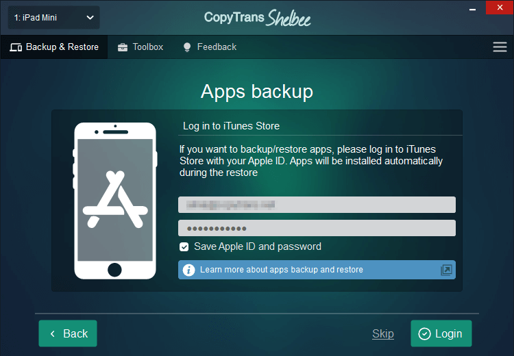 To backup apps log in to Apple Store