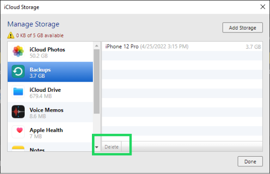 delete iCloud backups in iCloud for Windows