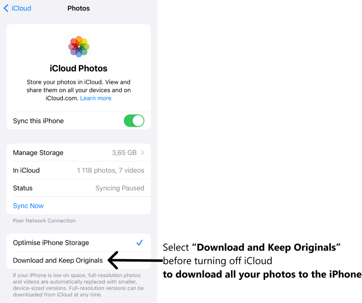 Turn off iCloud Photos sync on iOS 18