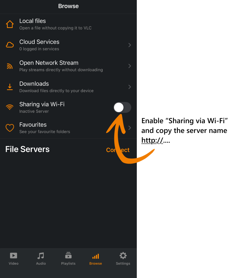 Enable transfer via Wi-Fi in VLC media player