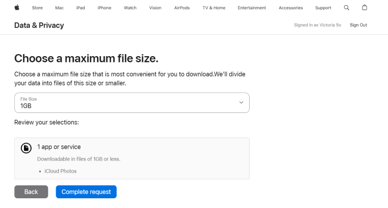 Complete the Request to Privacy Apple