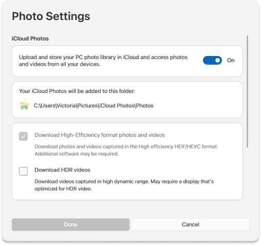 Change iCloud Photos Settings in iCloud for Windows