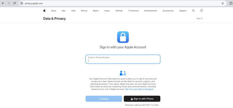 Sign in with your Apple account to Apple Privacy